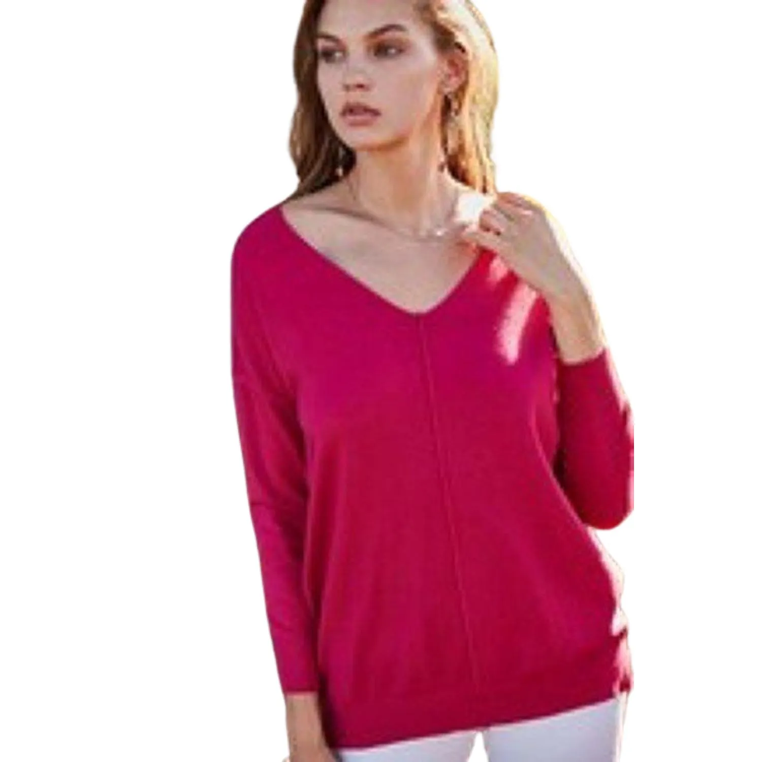 V Neck 3/4 Sleeve Side Slit Hi-lo Sweater