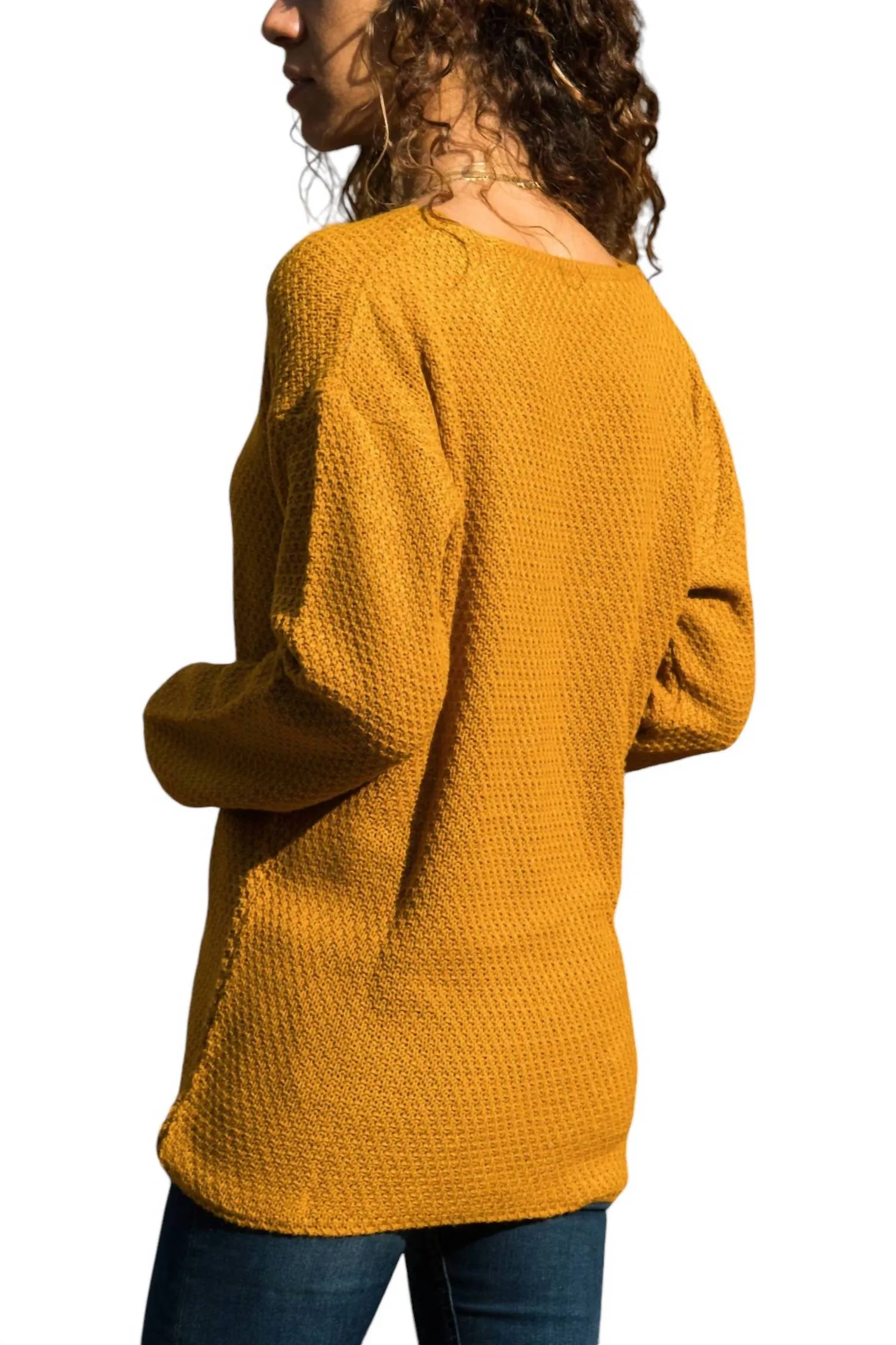 V-Neck Brass Knitted Pocket Sweater In Mustard