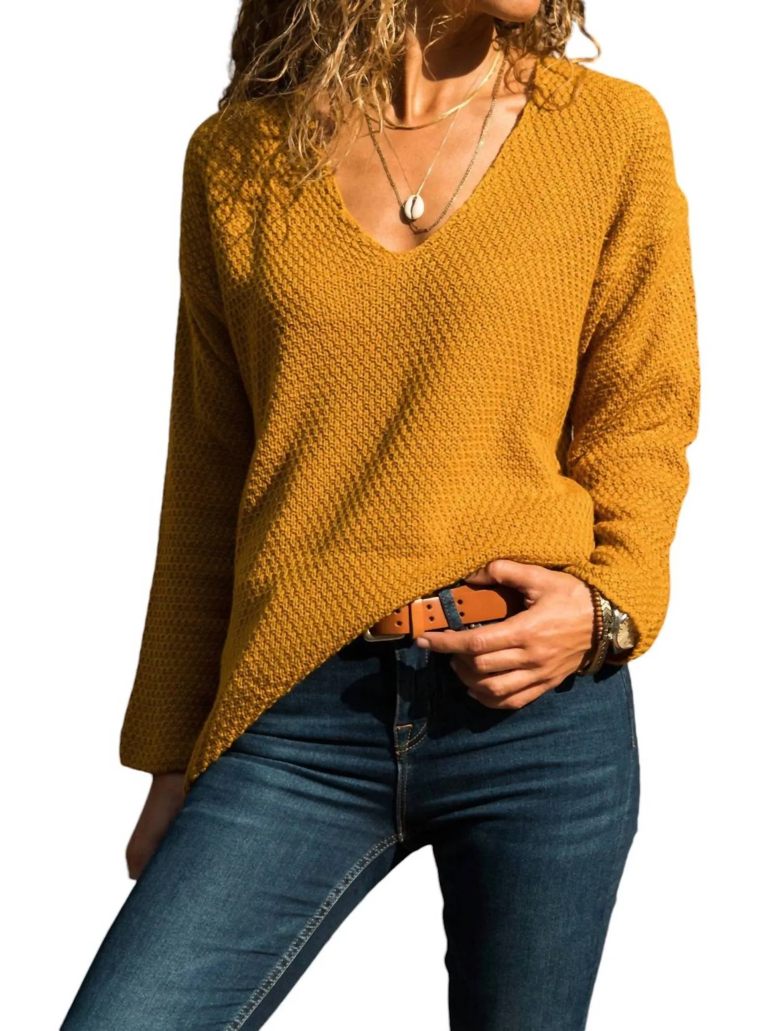 V-Neck Brass Knitted Pocket Sweater In Mustard