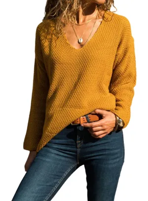 V-Neck Brass Knitted Pocket Sweater In Mustard