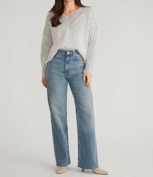 V-Neck Plaited Cozy Tunic Sweater In Smoke Gray Multi