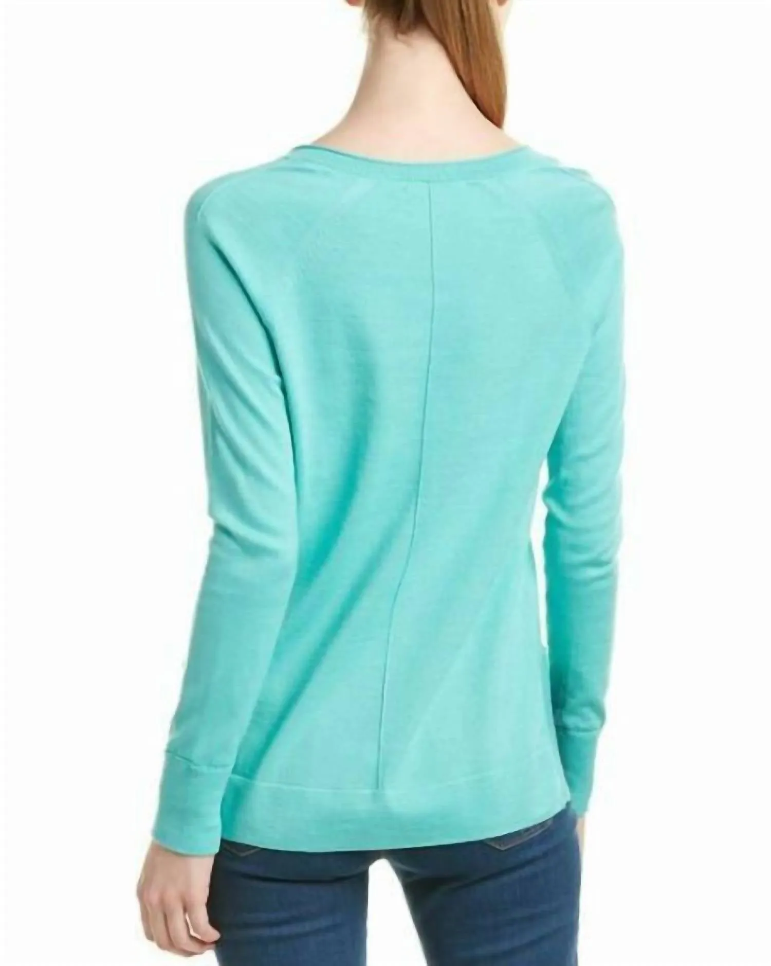V-Neck Pullover Cotton Side Slits Sweater In Blue
