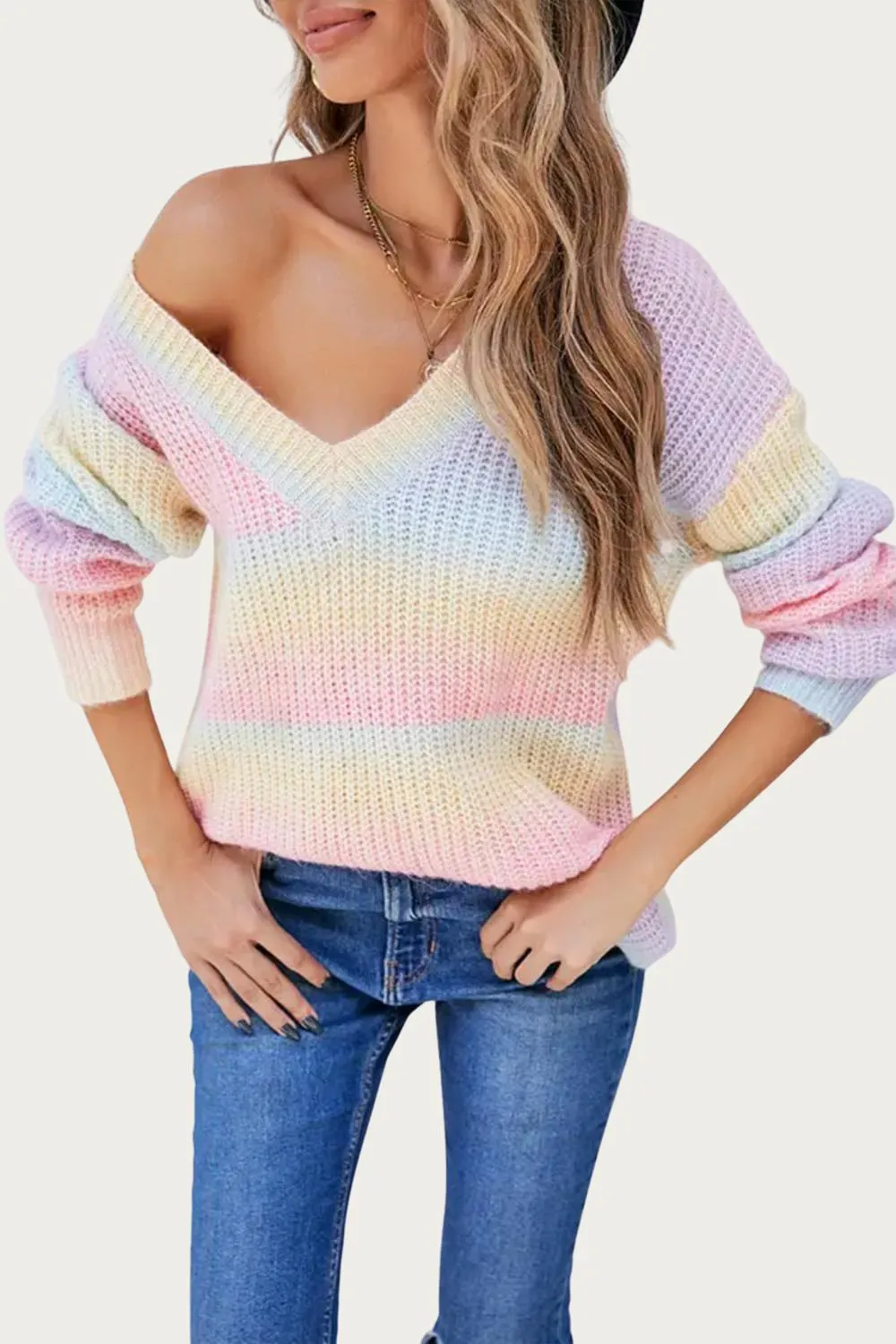 V-Neck Rainbow Sweater In Blush