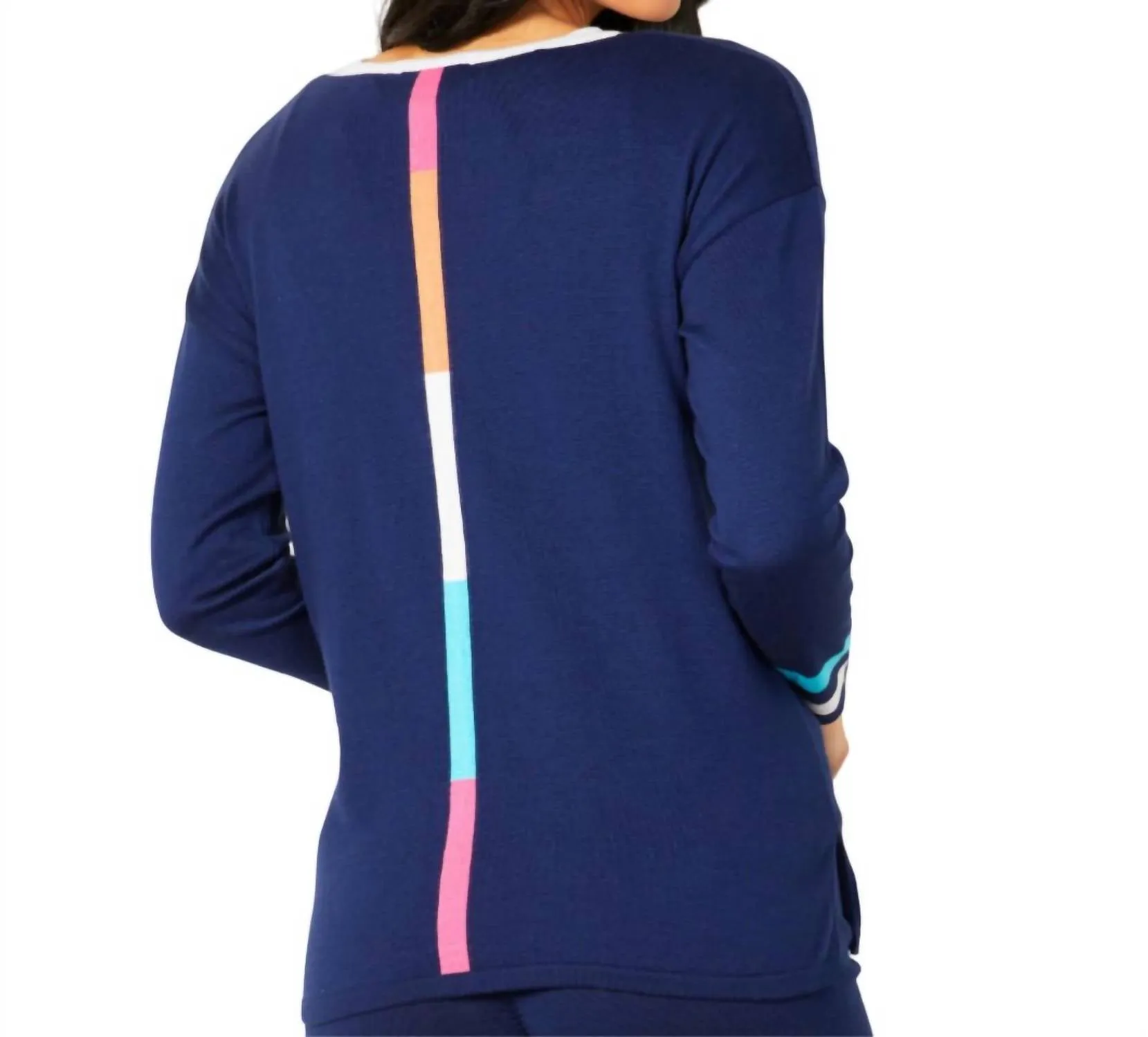 V-Neck Stripe Detail Pullover In Navy