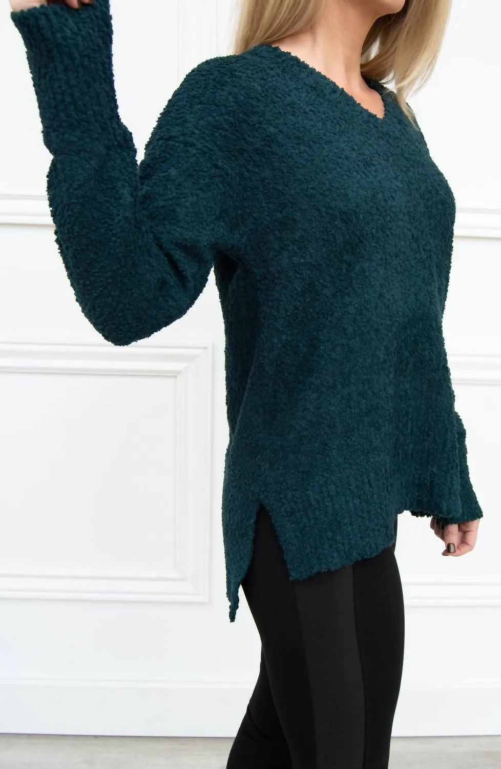 V-Neck Teddy Sweater In Jade