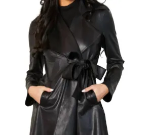 Vegan Leather Collar Belted Trench Jacket With Pockets In Black