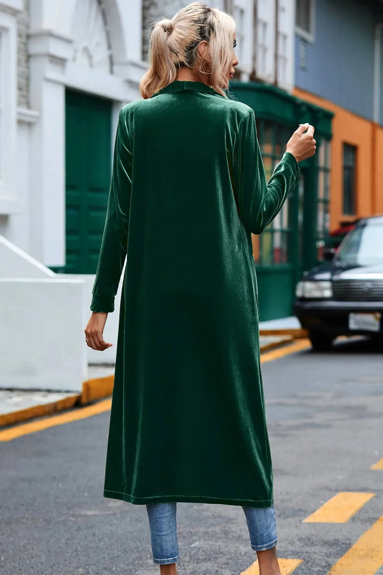 Velvet Open Front Pocketed Long Duster In Green