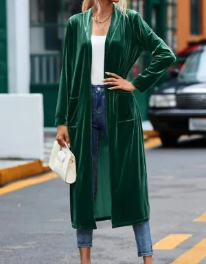 Velvet Open Front Pocketed Long Duster In Green