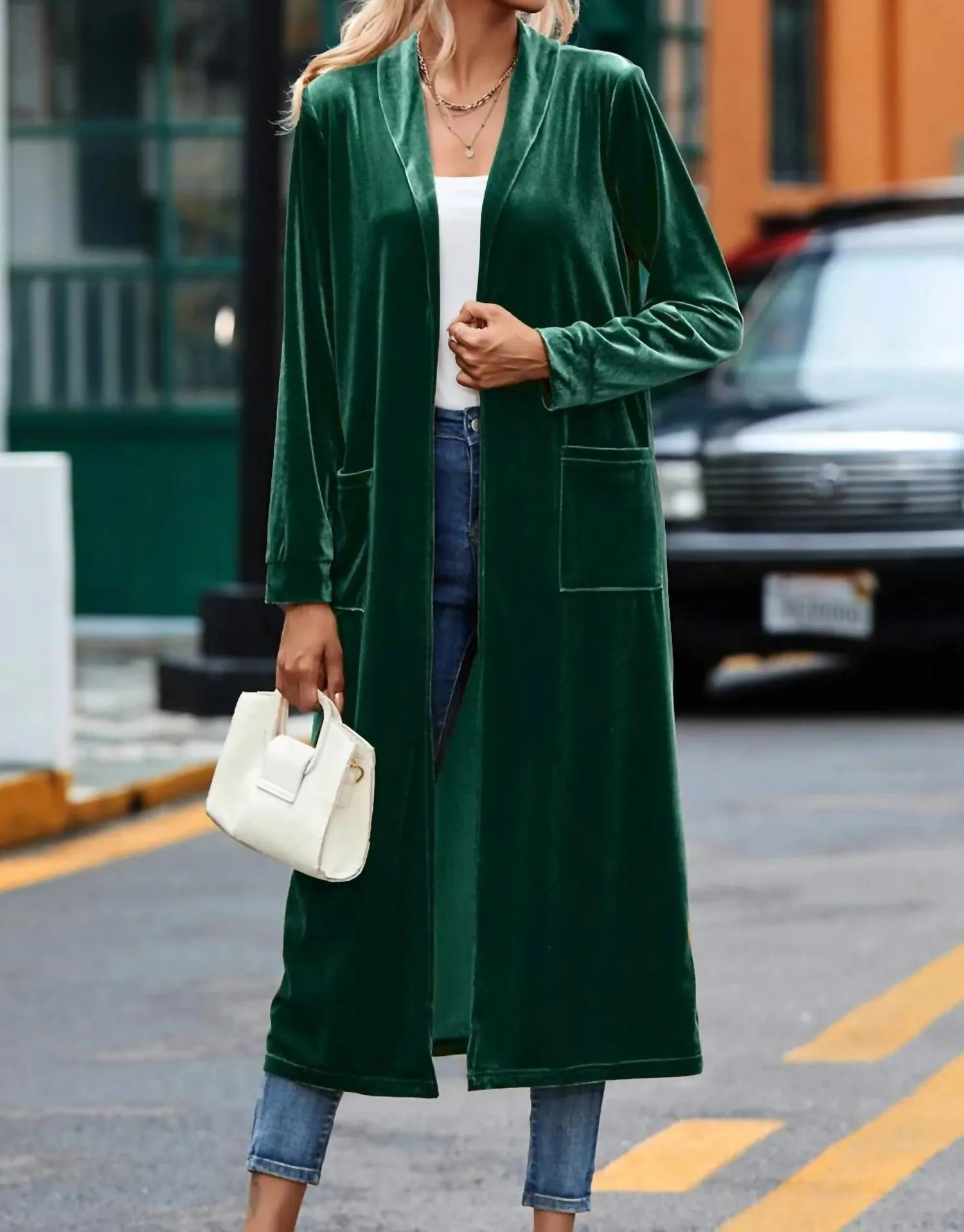 Velvet Open Front Pocketed Long Duster In Green