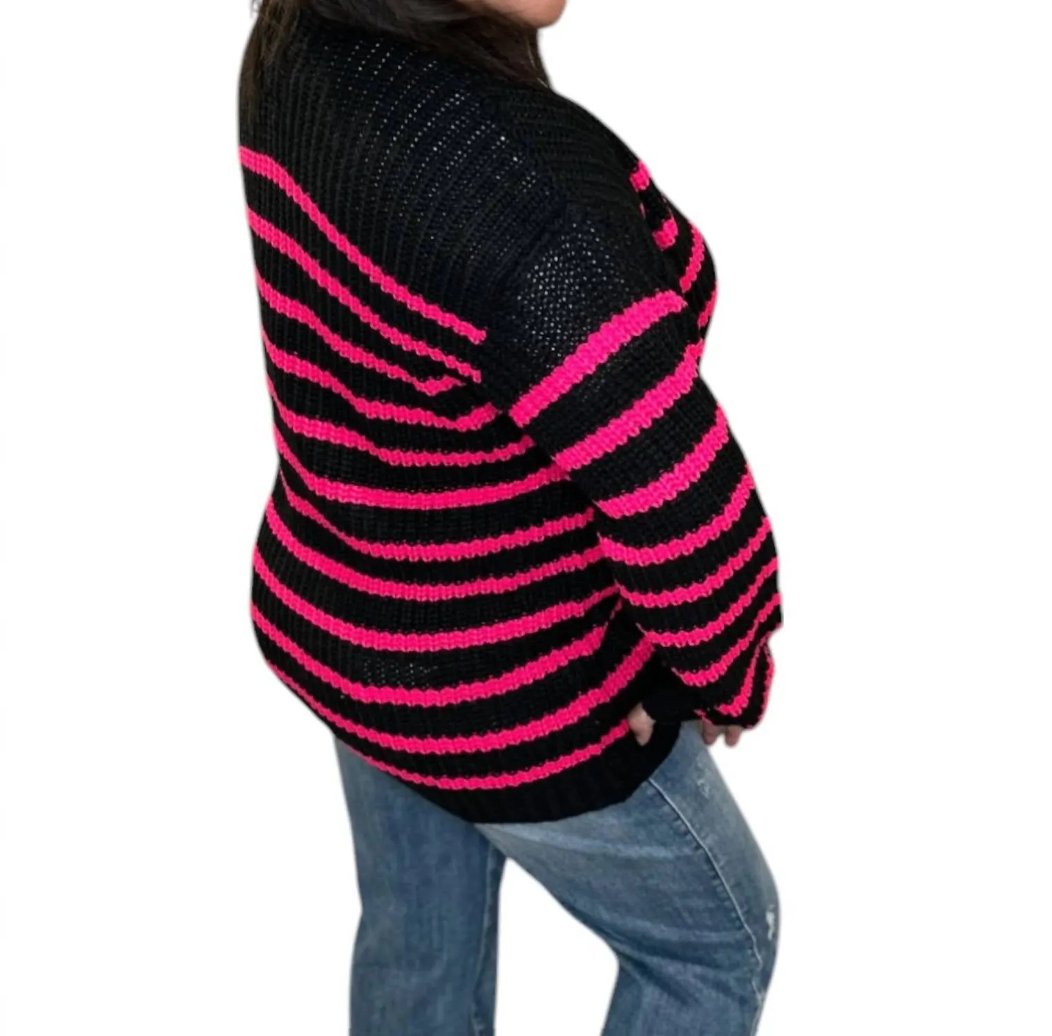 Vibe Stripe Cardigan Sweater In Black/pink