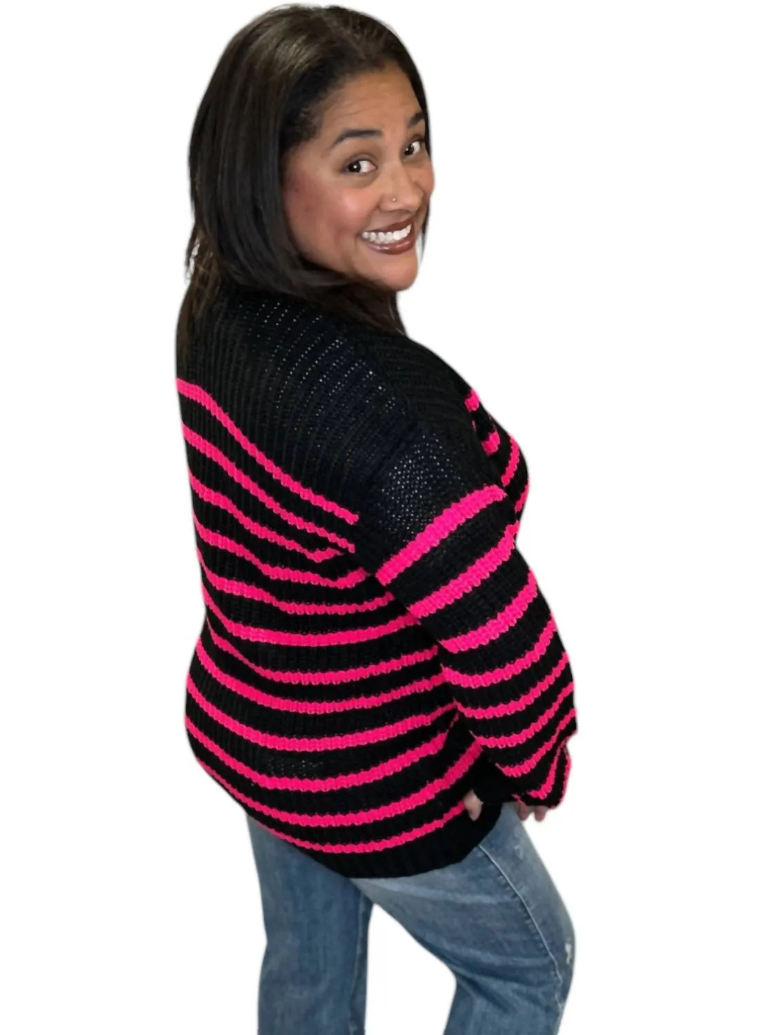 Vibe Stripe Cardigan Sweater In Black/pink