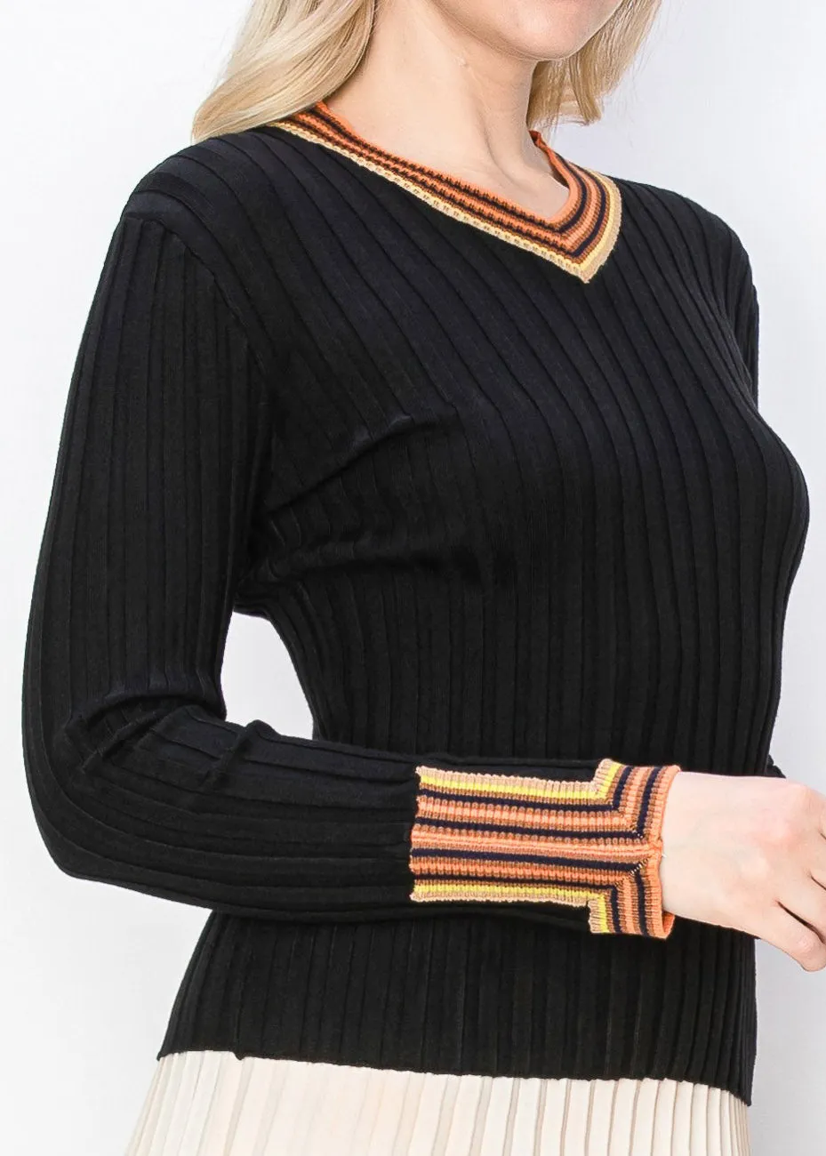 Vibrant Trim Ribbed Sweater