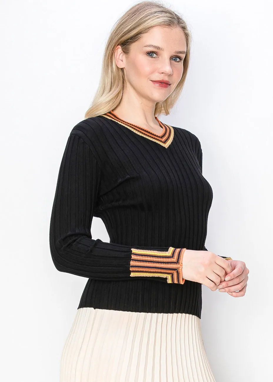 Vibrant Trim Ribbed Sweater