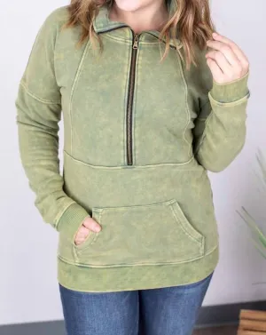 Vintage Wash Half-Zips In Olive
