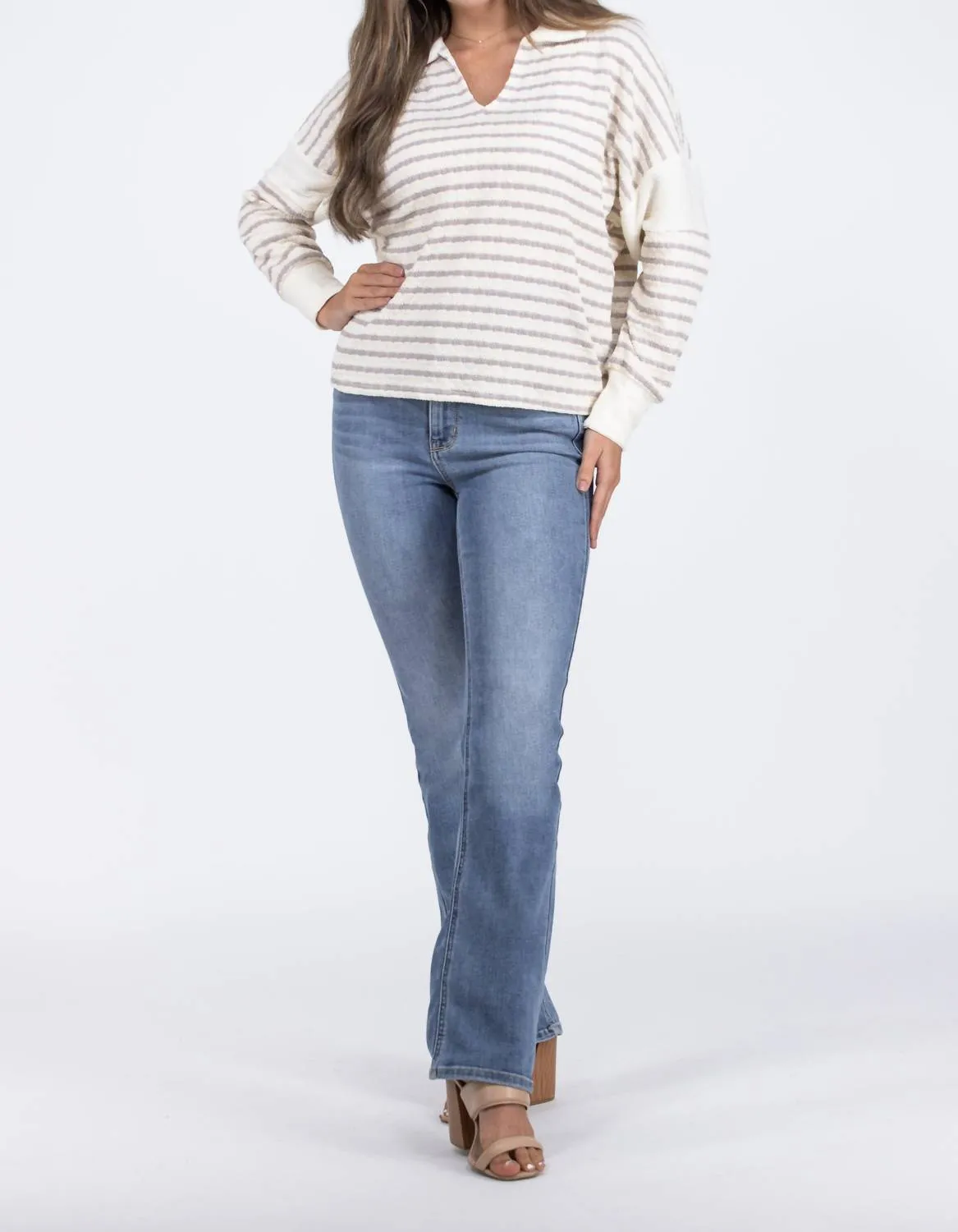 Walking Through History Striped V-Neck Stretch Sweater In Beige Multi