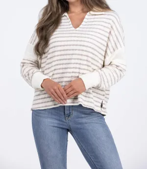 Walking Through History Striped V-Neck Stretch Sweater In Beige Multi