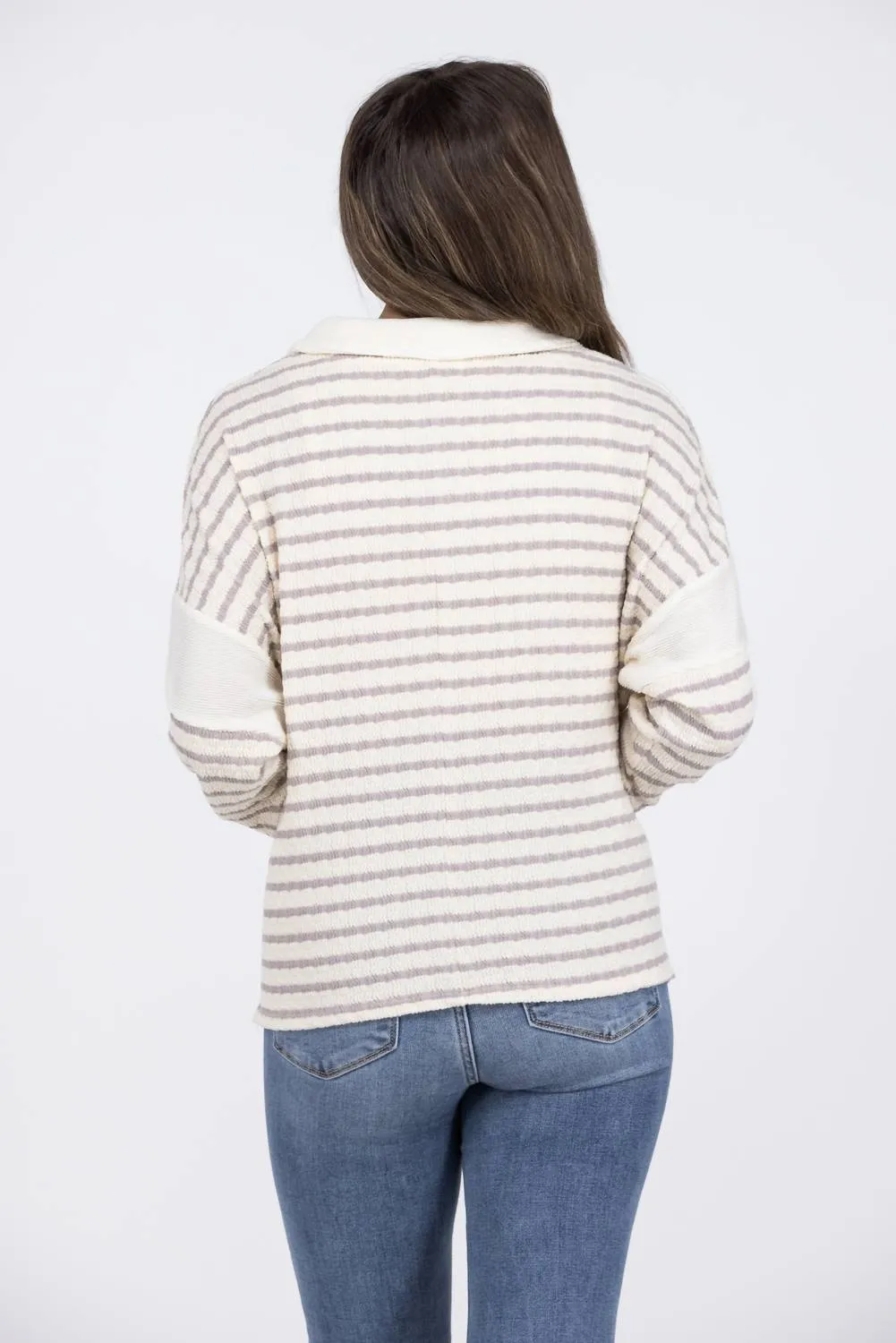 Walking Through History Striped V-Neck Stretch Sweater In Beige Multi