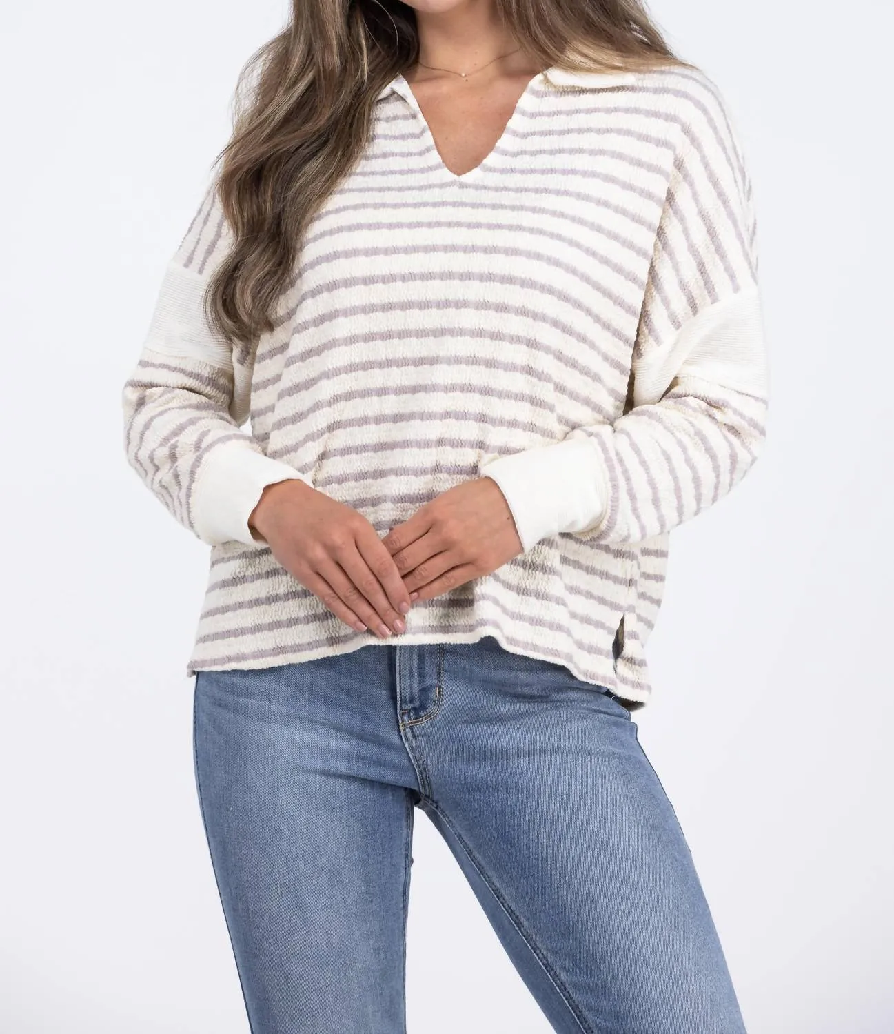 Walking Through History Striped V-Neck Stretch Sweater In Beige Multi