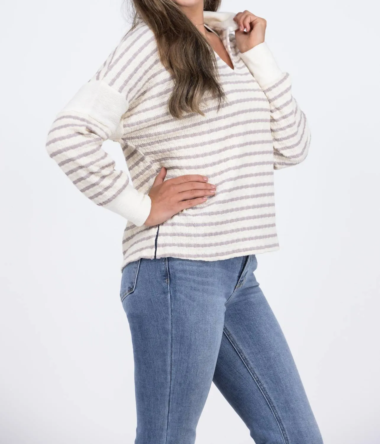 Walking Through History Striped V-Neck Stretch Sweater In Beige Multi