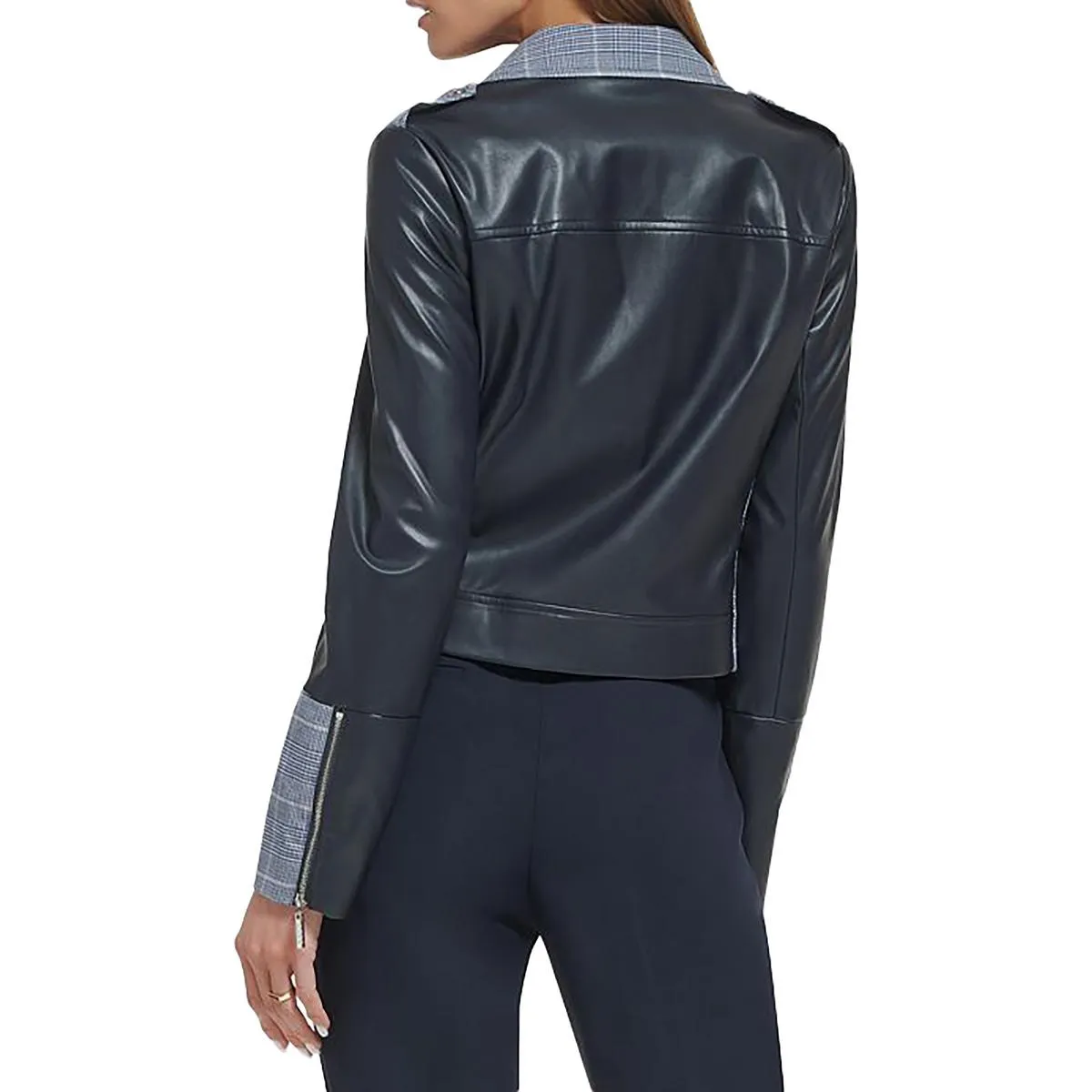 Womens Faux Leather Plaid Trim Leather Jacket