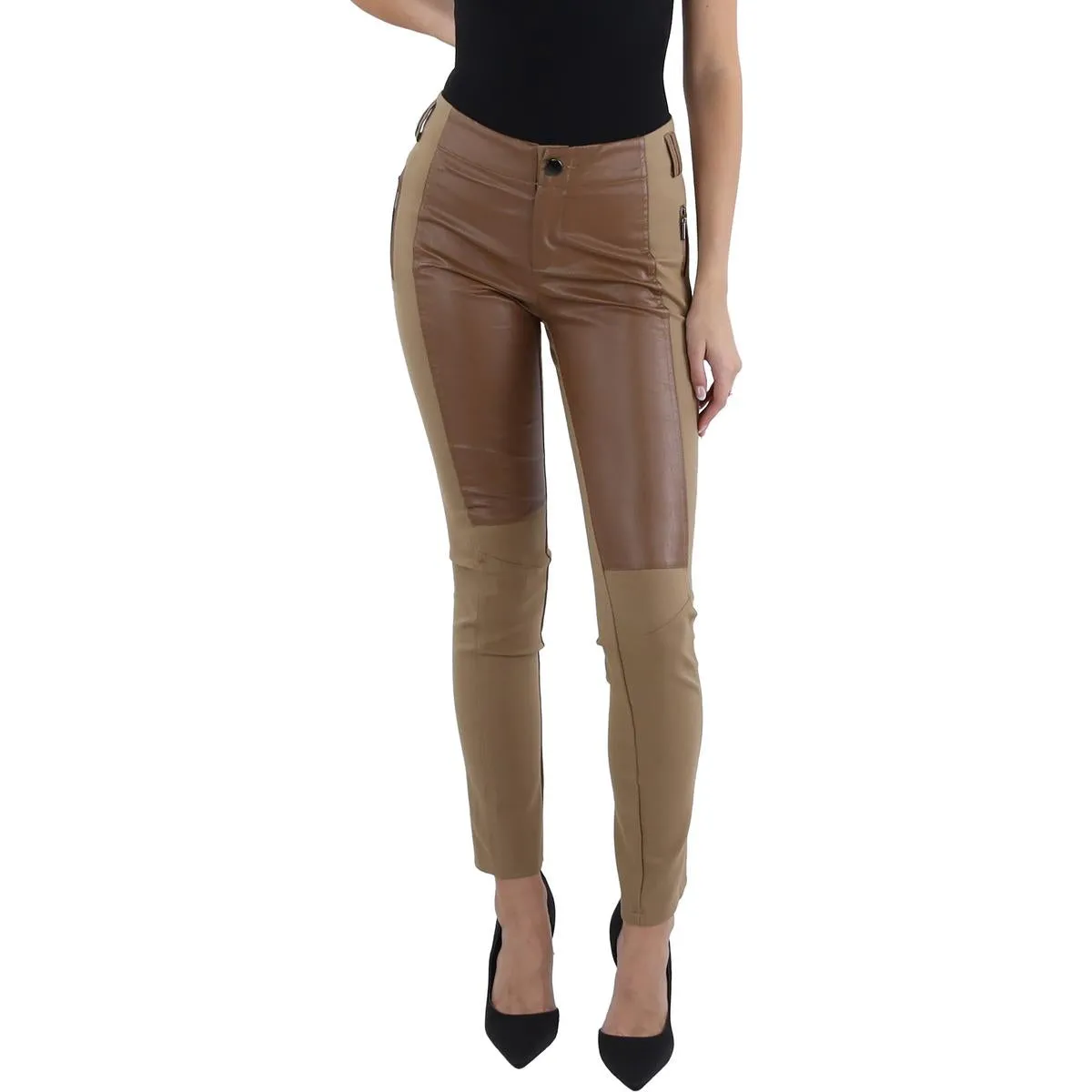 Womens Front Faux Leather Mixed Media Leggings