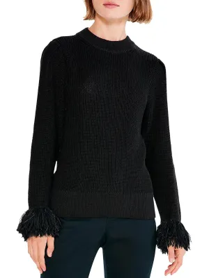 Womens Knit Fringe Cuff Pullover Sweater