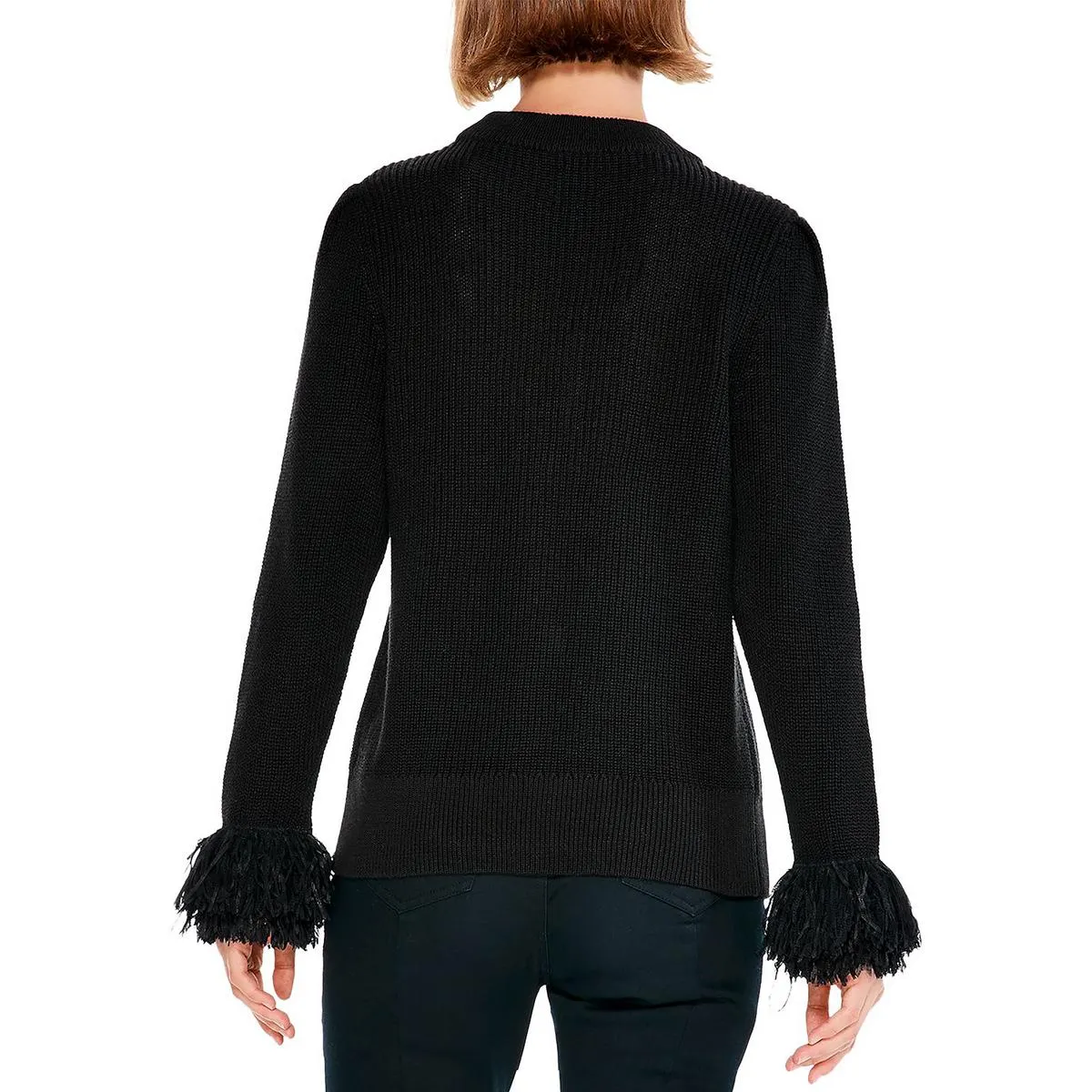 Womens Knit Fringe Cuff Pullover Sweater