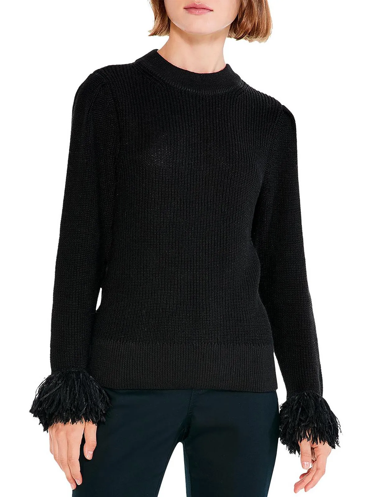 Womens Knit Fringe Cuff Pullover Sweater