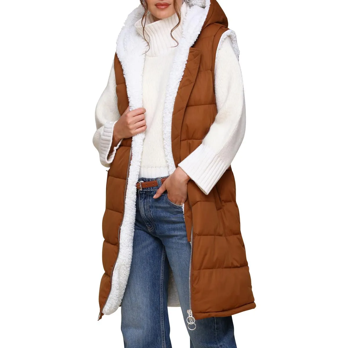 Womens Quilted Faux Fur Lined Puffer Vest