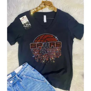 Women's Rhinestone Spurs Basketball V Neck Tee In Black
