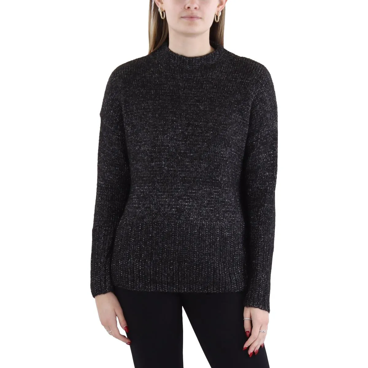Womens Ribbed Knit Metallic Mock Turtleneck Sweater