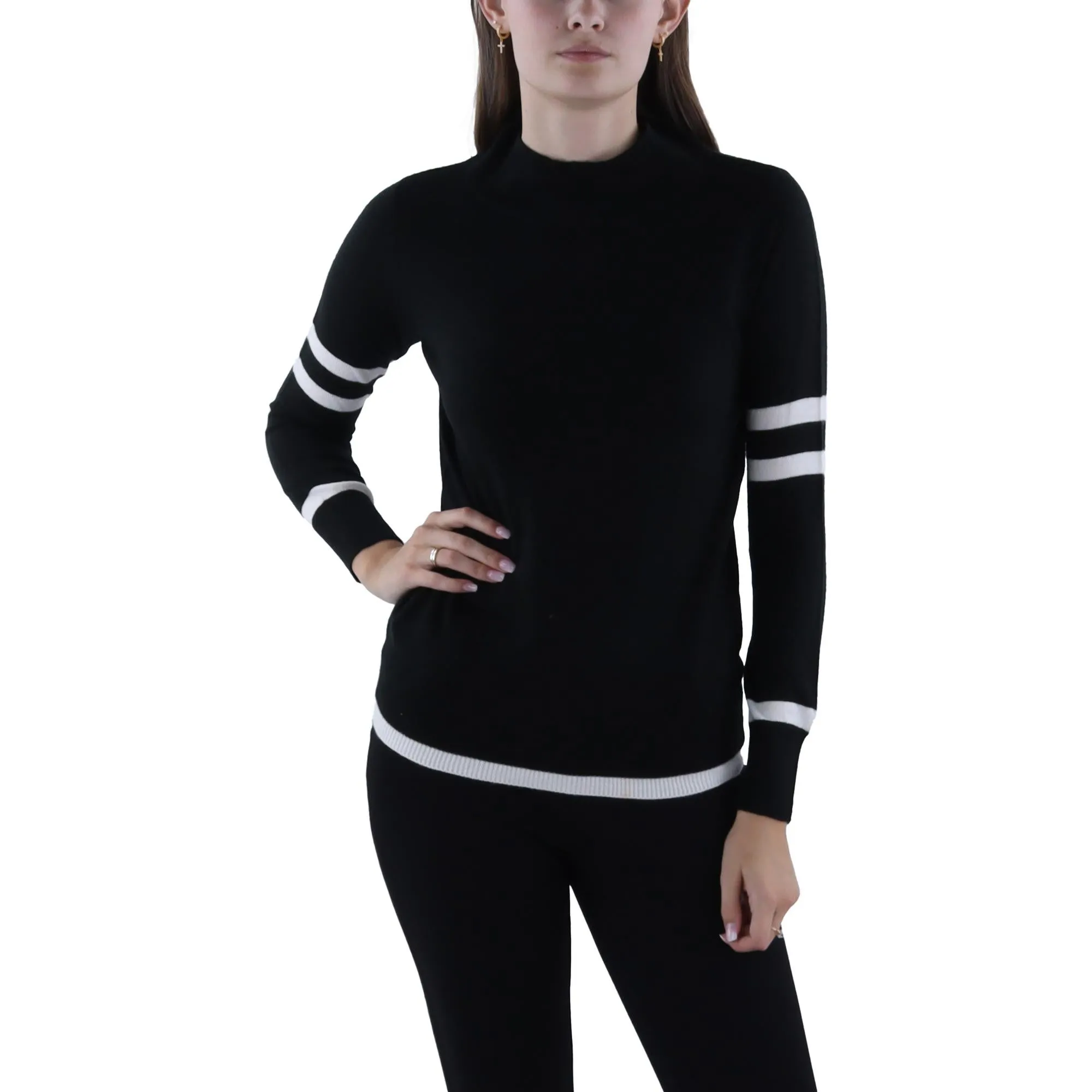 Womens Ribbed Trim Long Sleeve Mock Turtleneck Sweater