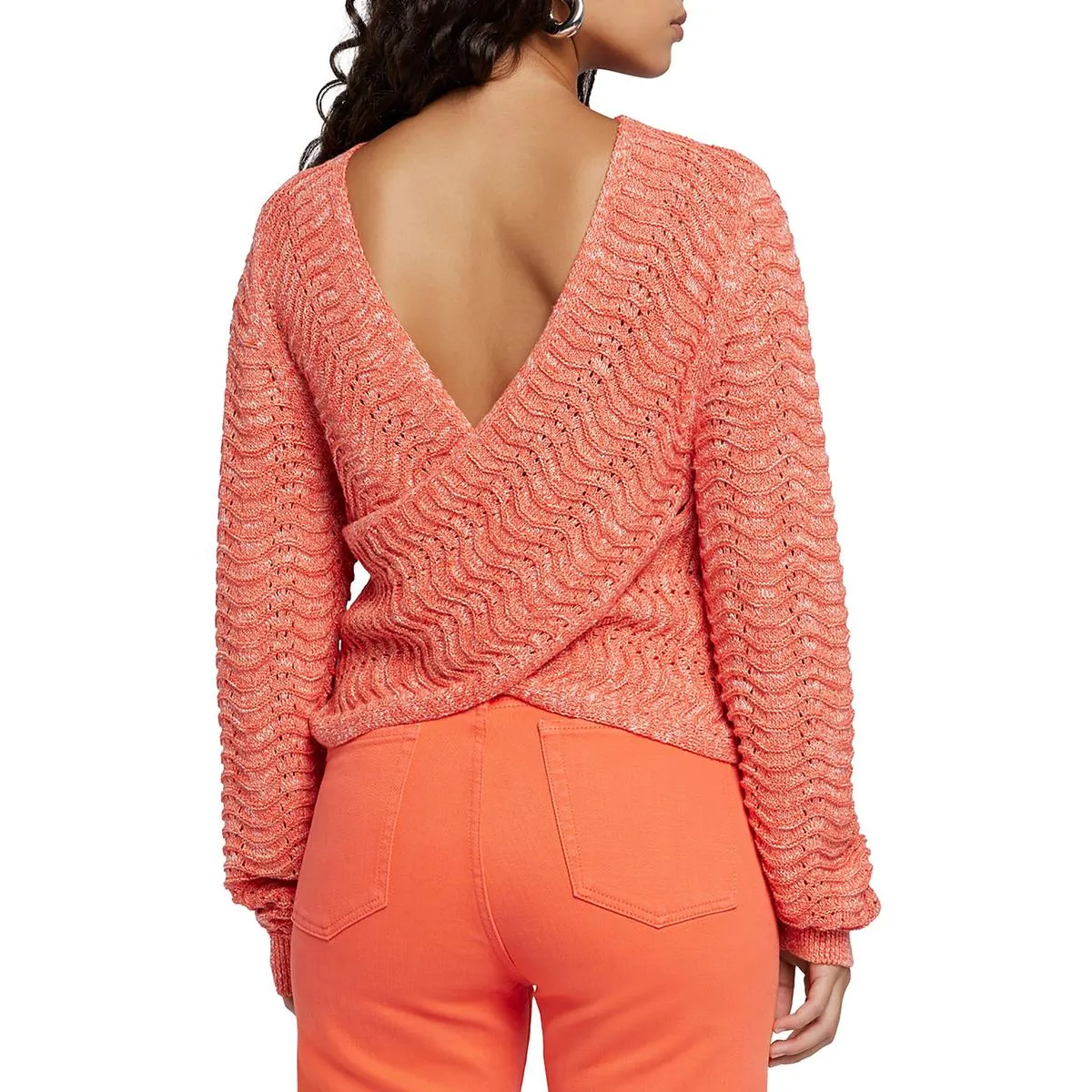 Womens Ribbed Trim Low Neck Pullover Sweater