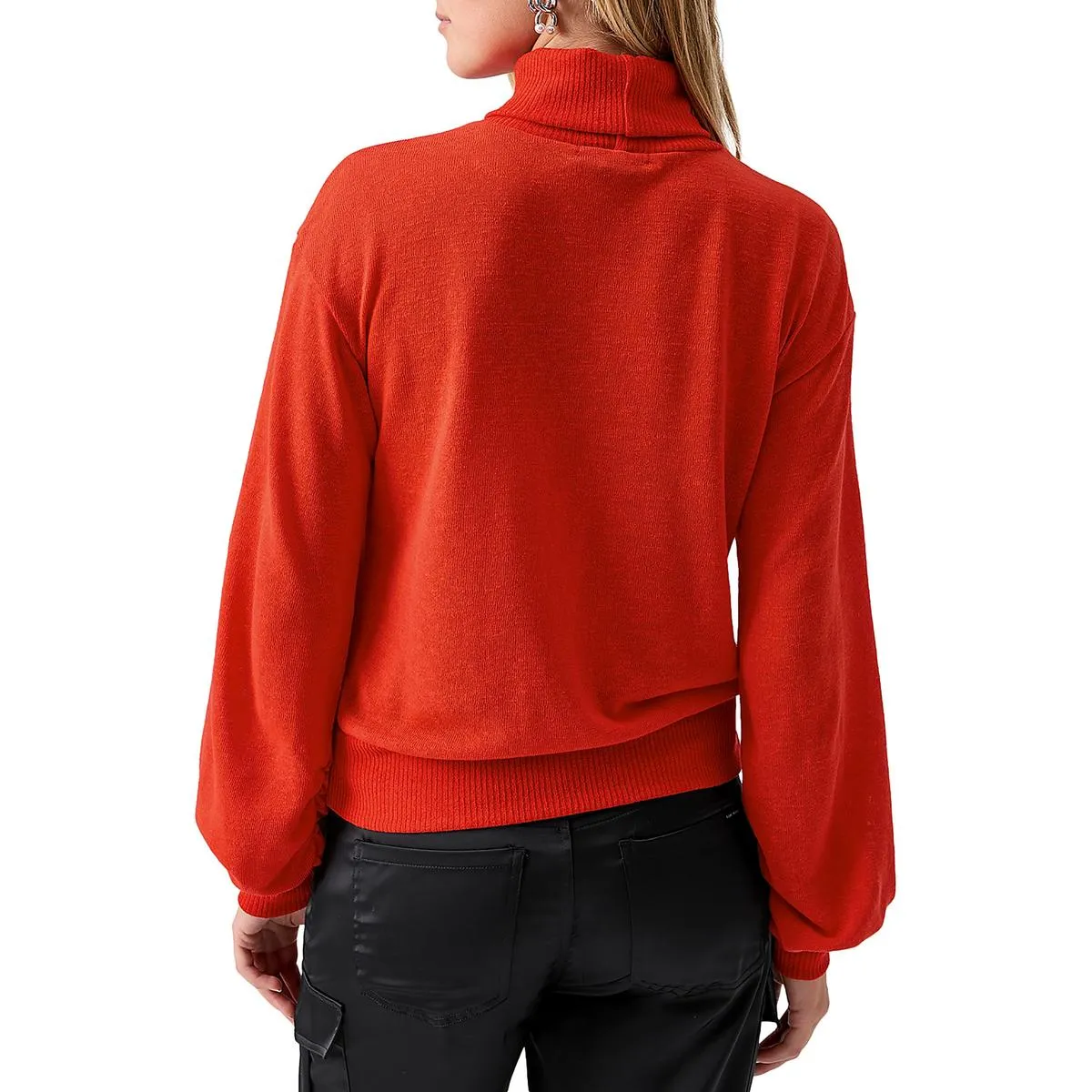 Womens Ruched Ribbed Trim Turtleneck Sweater