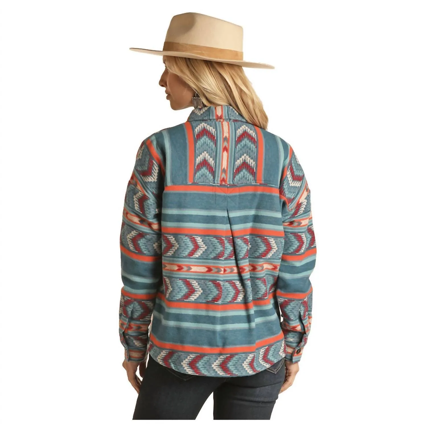 Women's Shacket Shirt Jacket In Blue Coral Burgundy Print