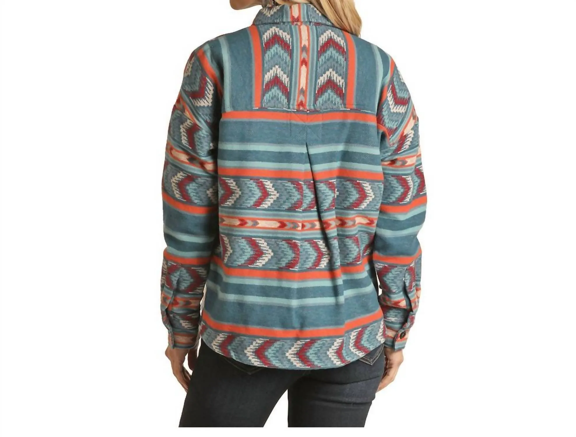 Women's Shacket Shirt Jacket In Blue Coral Burgundy Print