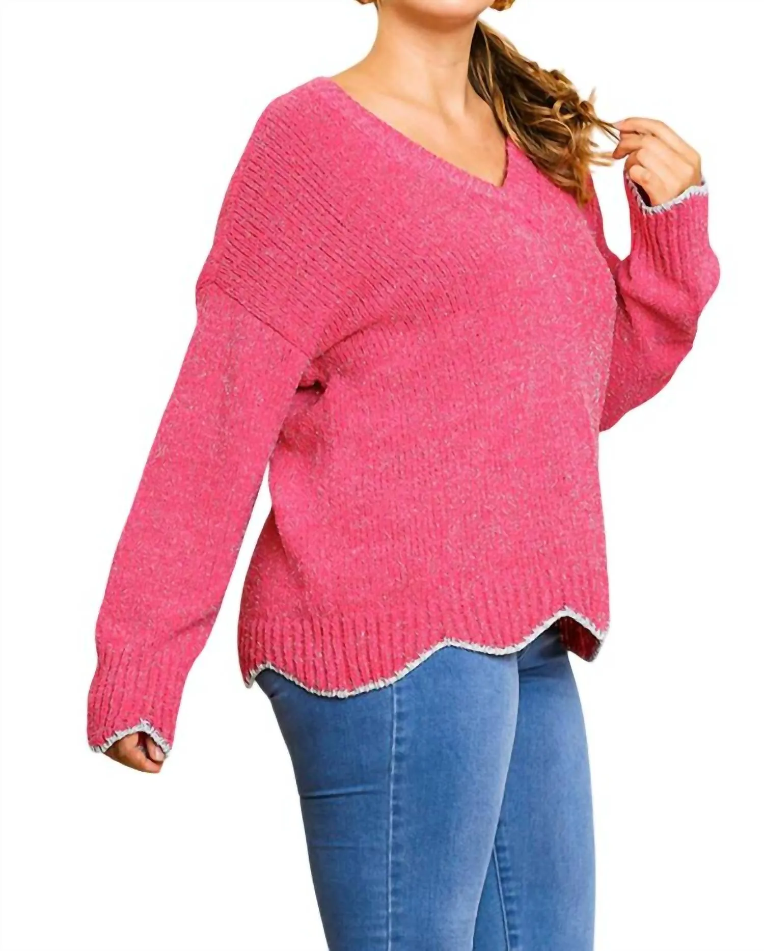 Zig Zag Pullover Sweater In Hot Pink
